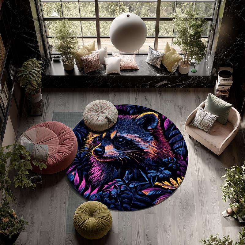 Colorful Raccoon,Round Area Rug,Carpet Rug for Living Room Bedroom Sofa Playroom Decor,Non-slip Floor Mat