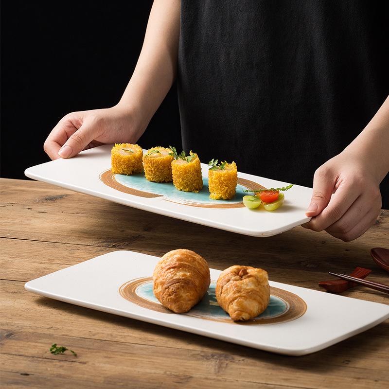 Creative Steak Plate Round Flat Plate Household Cuisine Plate Ceramic Tableware Premium Rectangular Flat Plate Sushi Plate