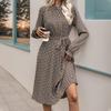 Amazon's new European, American autumn cross-border commuting dating ruffle edge geometric printing long-sleeved dress with lace-up