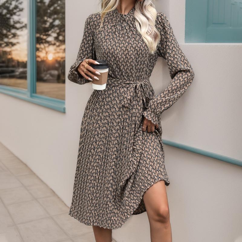 Amazon's new European, American autumn cross-border commuting dating ruffle edge geometric printing long-sleeved dress with lace-up
