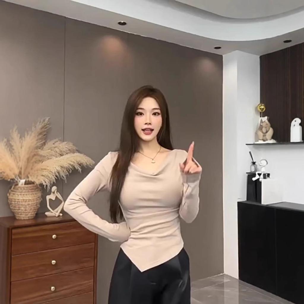 Long-sleeved Swing Collar T-shirt for Women in Autumn Winter Sexy Pure Desire Irregular Slim Fit Niche Chic Top with Bottoming