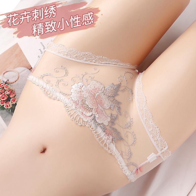 Plus Size Lace Trim Mesh Embroidered Low Waist Seamless Women's Panties