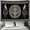 Wikinger Kunst Wandteppich | Rabe/Altes Runen/Drachen Totem | Schwarz Weiß Mystisch Geometrisch | Nordischer Mythos Wandbehang für Wohnzimmer