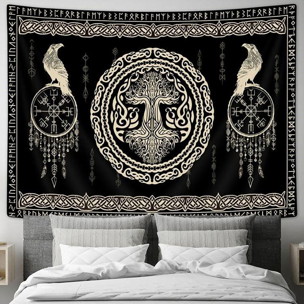 Viking Art Tapestry | Raven/Ancient Rune/Dragon Totem | Black White Mystical Geometric | Norse Myth Wall Hanging for Living Room 100X70CM