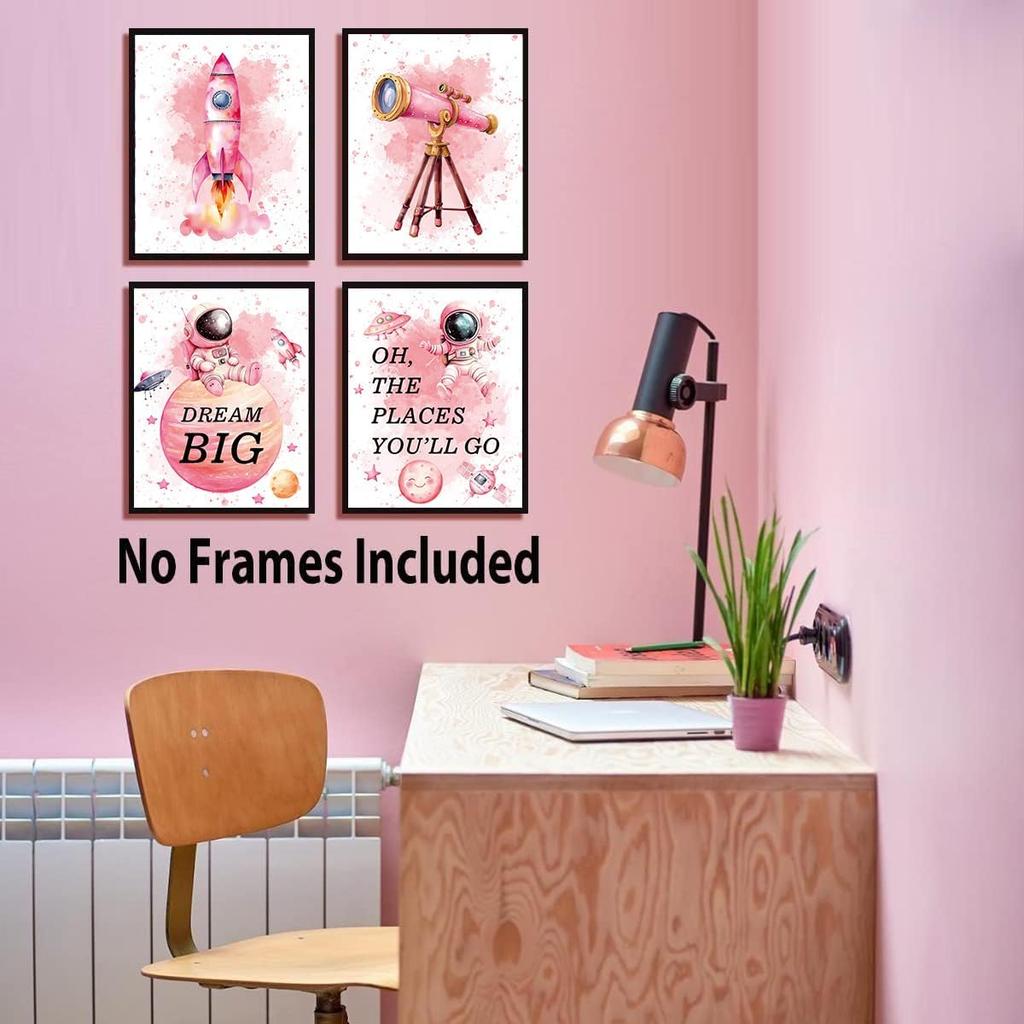ZHAXFA Pink Outer Space Decor for Kids Room Girls Bedroom Watercolour Star Rocket Astronaut Posters Set Of 4 (8 x10 IN Unframed),Cute pirational Art