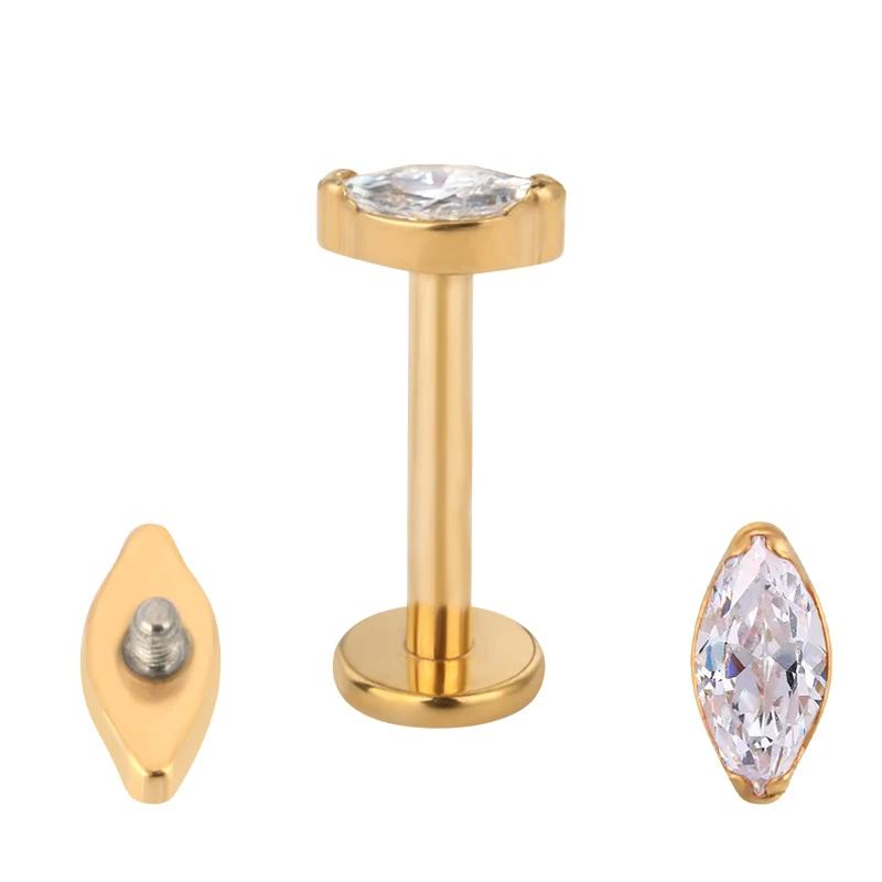 ASTM F136 Titanium Marquise Crystal Labret ear Stud CZ Paved Cartilage Tragus PIERC Earrings Lip Ring Stud Helix Piercing Jewelr
