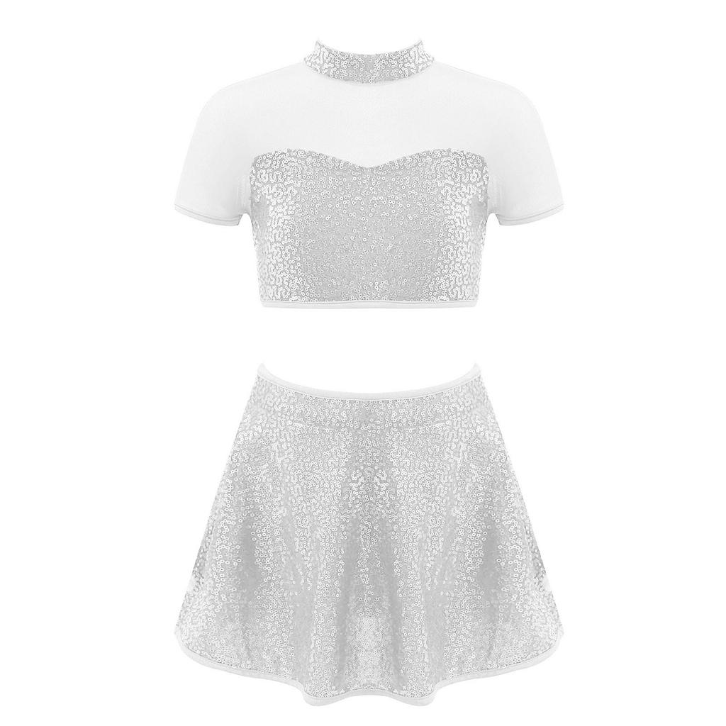 Kids Girls Sparkly Dance Outfit Stand Collar Crop Top Mesh Patchwork Open Back with Skirt