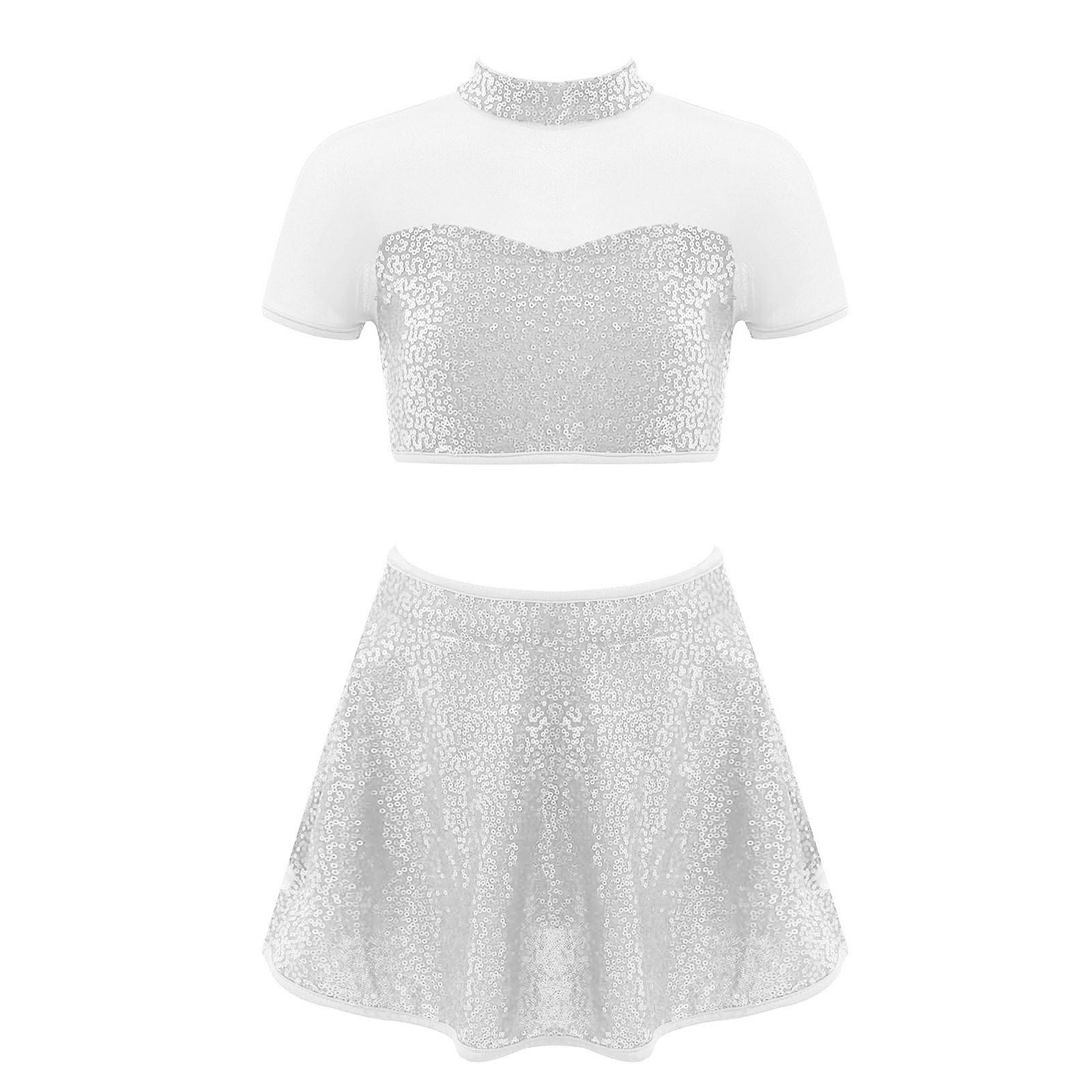 

Дівчачий блискучий танцювальний набір з паєтками, кроп-топ зі стійкою, короткі рукави, сітчаста вставка, дизайн з відкритою спиною, спідниця в комплекті 13-14 Years срібний
