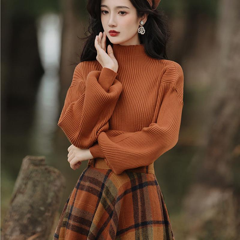 Women's Autumn Winter Vintage Plaid Long Skirts Sweater Two-Piece Set French Lady Graceful Knit Pullover High Waist Skirt Outfit