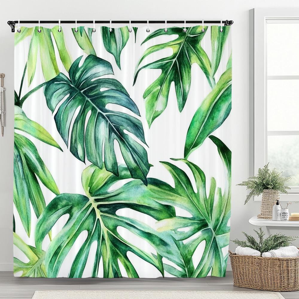 Tropical Plant Leaves Shower Curtain for Bathroom Romantic Wildflower Plants Nature Scenery Decorative Curtain Set with Hooks
