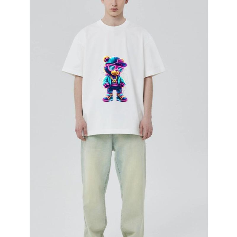 Schwarzes T-Shirt mit buntem Bären-Cartoon-Print für Freizeitkleidung
