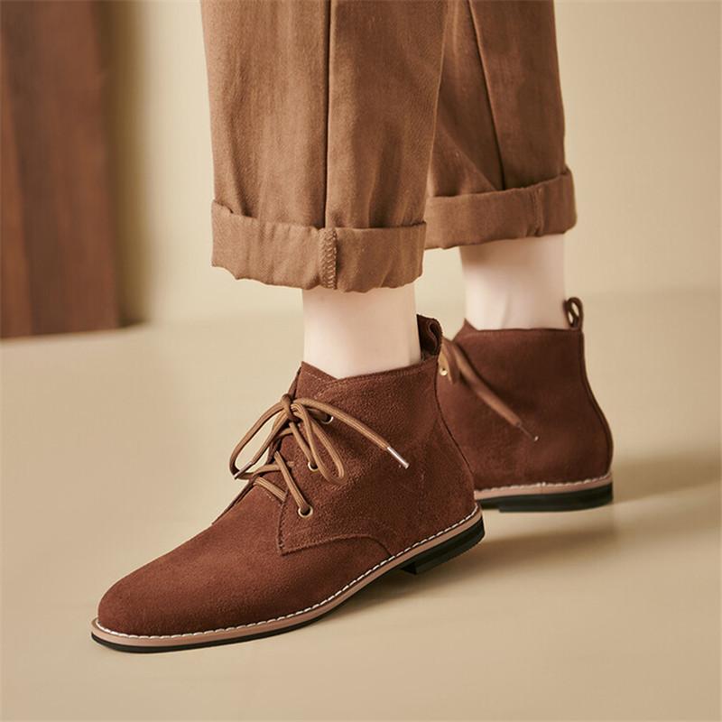 Fashion 2025 Autumn Cow Suede Women Boots Round Toe Low Heels Boots for Women College Style Lace Up Short Boots Winter Boots Work Boots