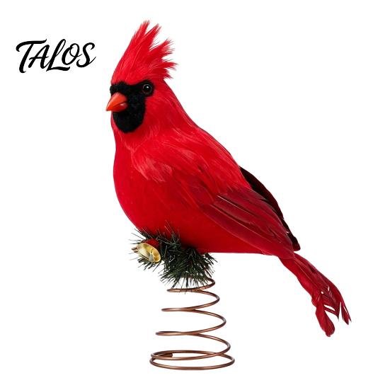 Reusable Artificial Feather Birds 12 Inch Red Bird Christmas Tree Topper, Feathered Ornament for Holiday with Metal Spring Base, Winter Wedding