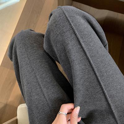 Pantalon large à chevrons pour femme, version Great Version, pantalon de costume décontracté en laine, pantalon droit en laine grise, automne et hiver
