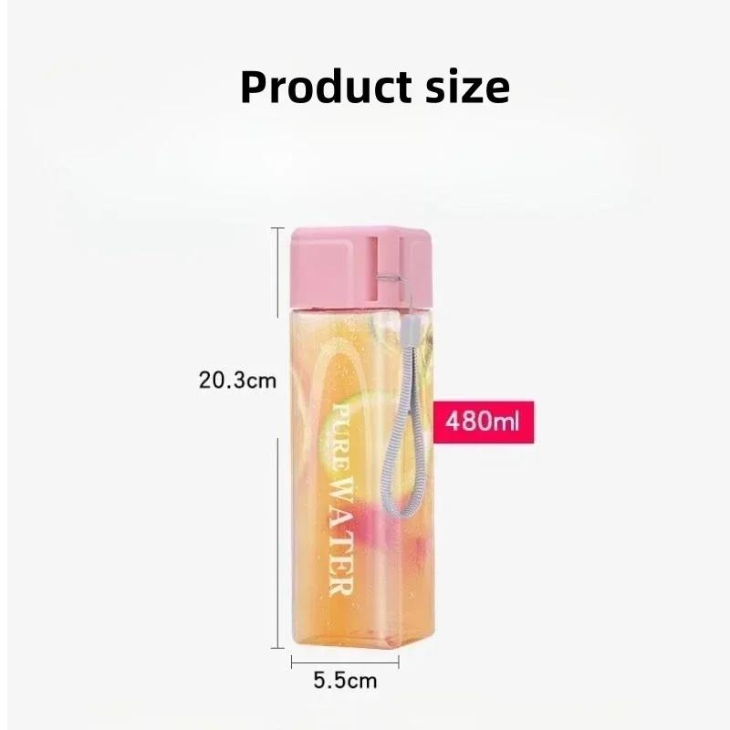 480ml Portable Square Sport Water Bottle Leak Proof Anti Drop Plastic Light Water Cup School Outdoor Travel Simple Drinking Cup