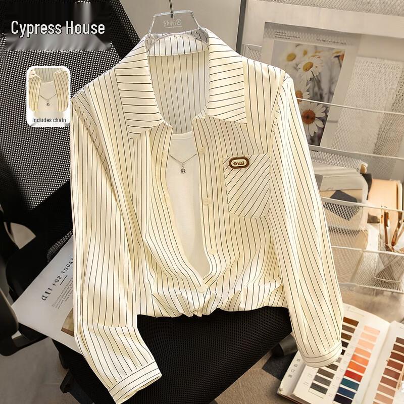 Women s Striped Spliced Lapel Long-Sleeve Shirt S