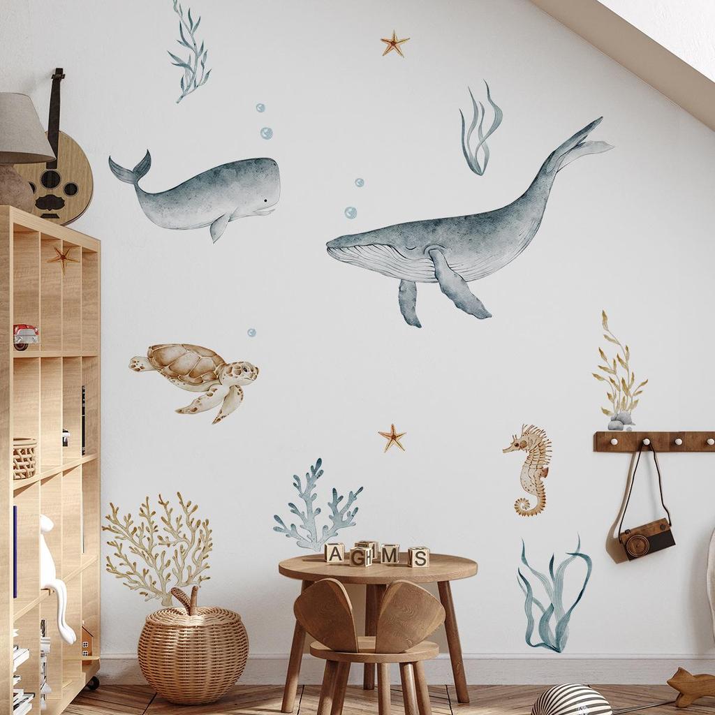 MS3088 Large Watercolor Underwater Animal Wall Sticker - Whale & Turtle