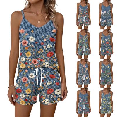 Damen Sommer Lässig Zweiteiliges Set Blumenprint Trägertop Ärmellos Quadratischer Ausschnitt Sportbekleidung mit Taschen Shorts Lounge Wear
