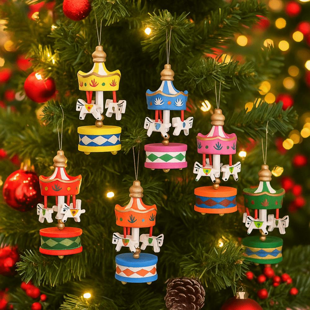 6Pcs Decorative Mini Christmas Wooden Carousel Gifts DIY Crafts Christmas Handmade Carousel Xmas Carousel Hanging New Year Decor