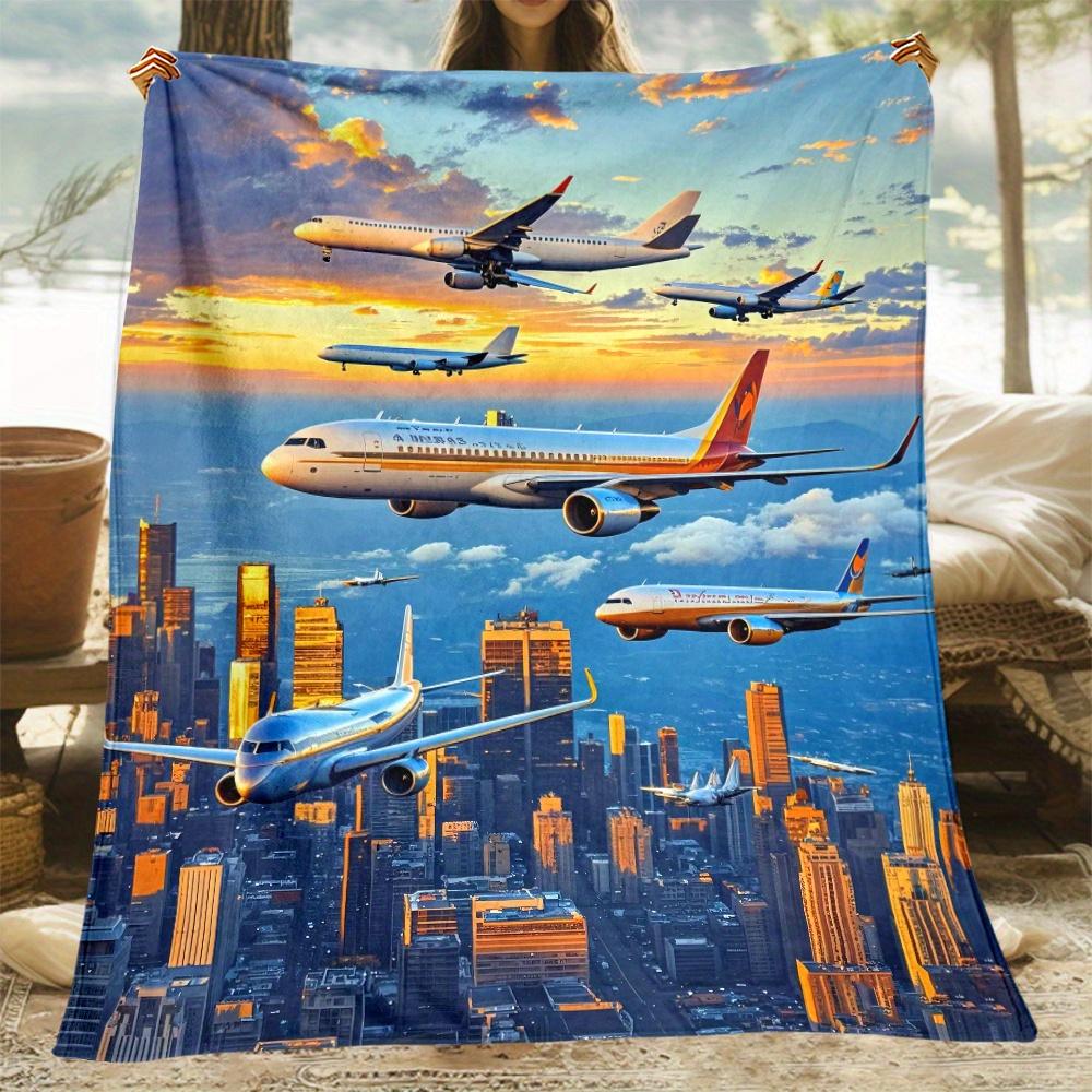 Aircraft Sunset City Print Flannel Blanket Lightweight for Sofa Camping Travel, Nice Gift for Family Friends
