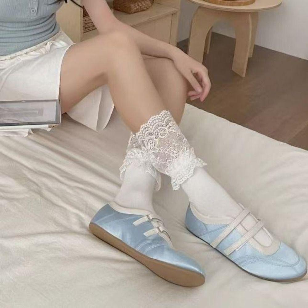 1Pair Cotton Knee-high Socks Lace Edge Foot Warmers Y2K Long Tight Socks  Girl