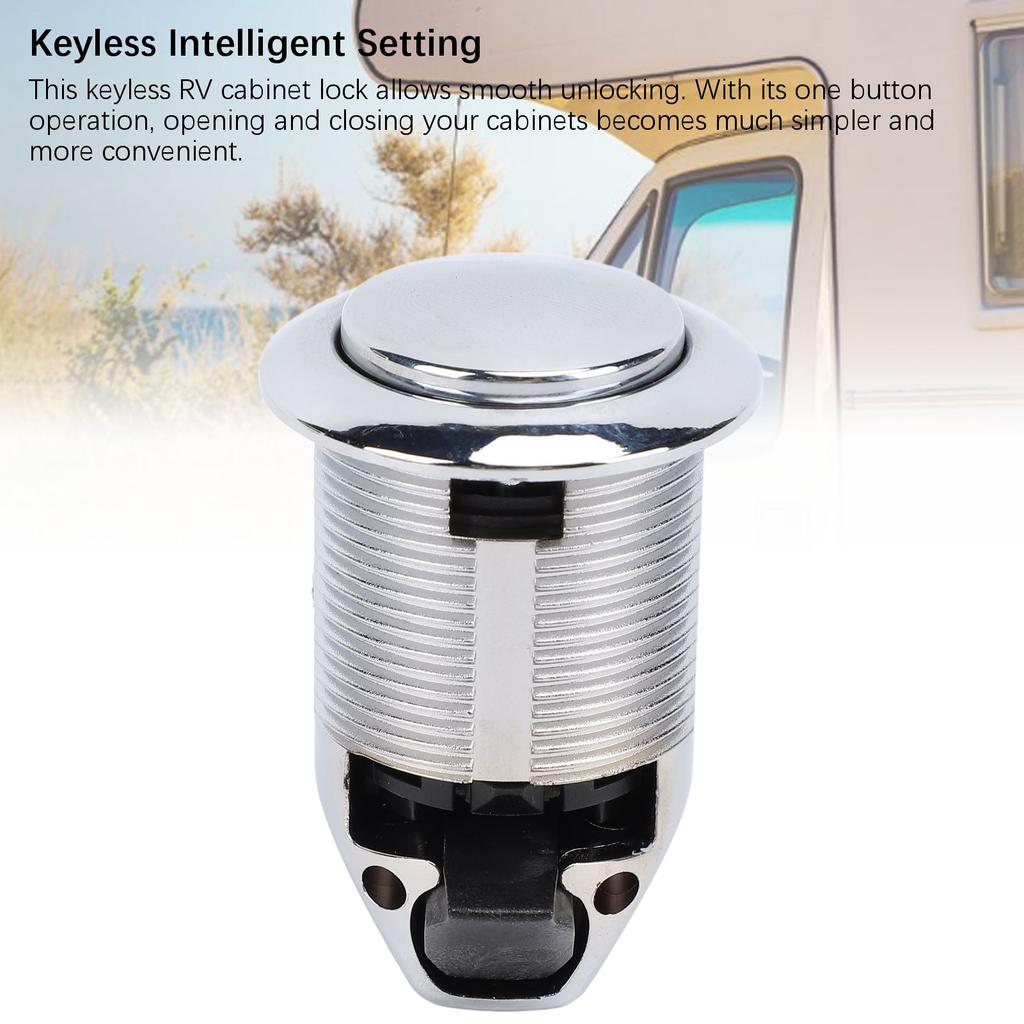 Západka s tlačítkem, zapuštěná, zvýšená bezpečnost, bezklíčový zámek skříněk pro obytné vozy, jachty, karavany, chrom