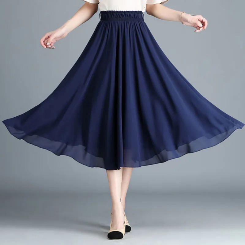 Chiffon Skirt Elastic Waistband Design Solid Color Women's High Waisted Dance Skirt Medium Length A-word Draping Long Skirt Commute Simple Casual