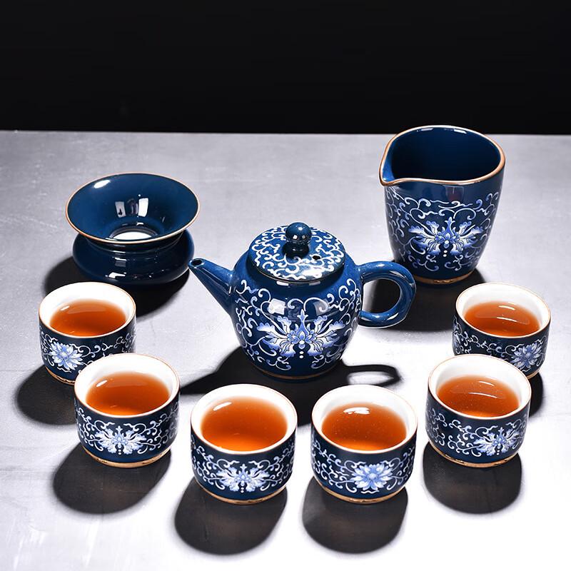 

Chaxun Dehua Gold-Inlaid Enamel Blue & White Porcelain Tea Set