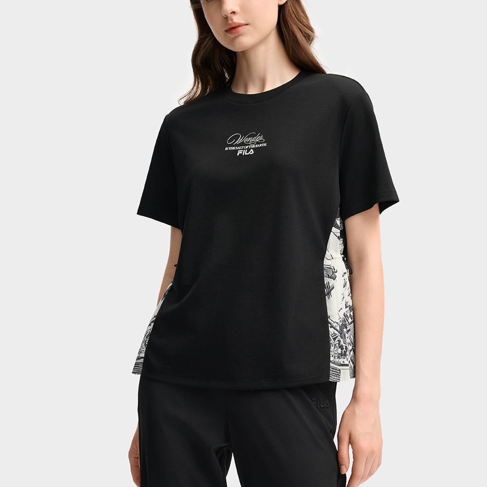 Fila X M.C. ESCHER Heritage Series Fashion Casual Versatile Short Sleeve T-Shirt Women T-Shirts Black F11W538103F-BK