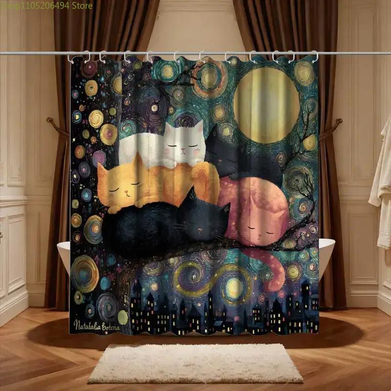 1pc Bathroom Shower Curtain, Goodnight Storytime Reading, DIY Art Exhibition Shower Curtain, Includes 12 Hooks, 180*180cm Bath
