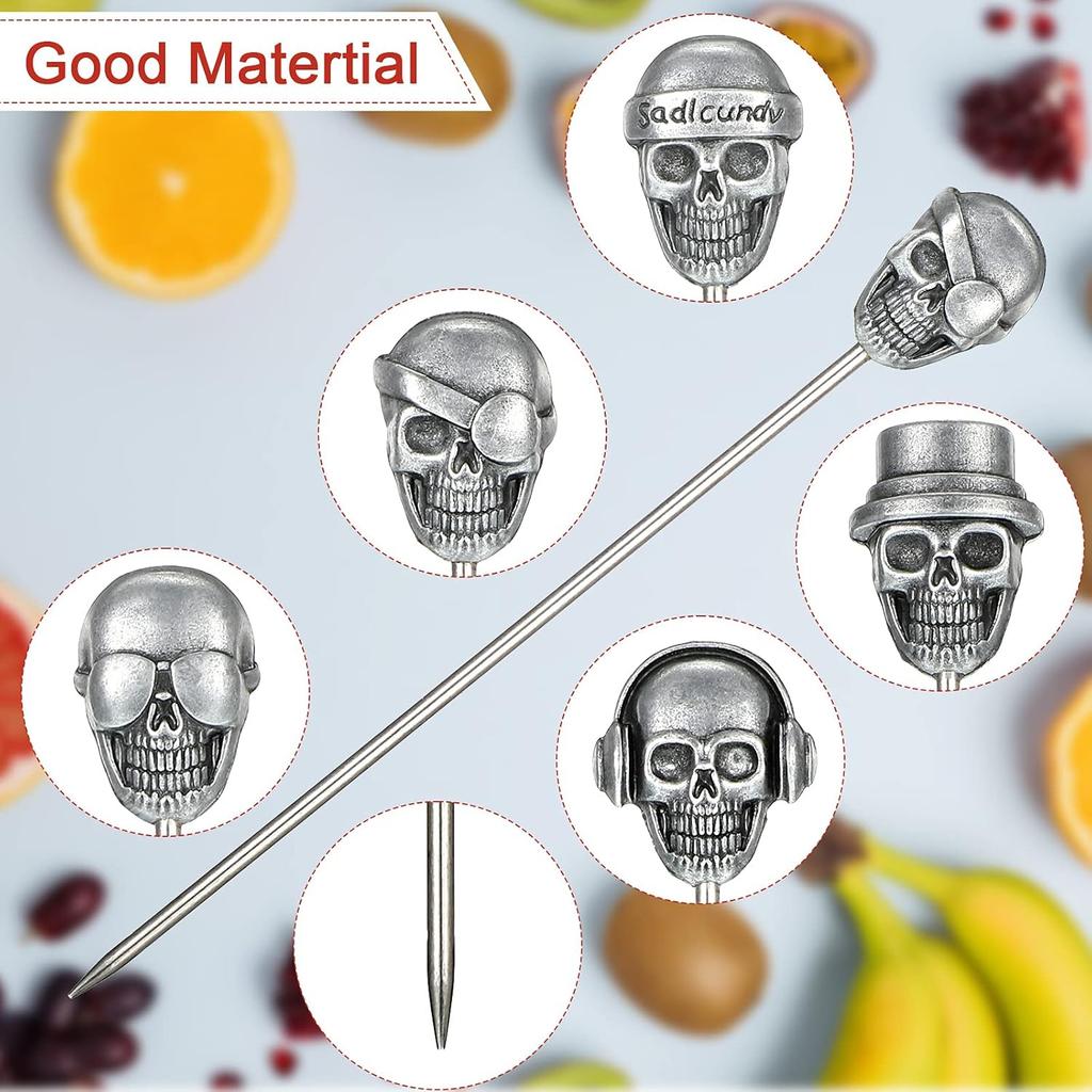 Patelai 5 Pieces Cocktail Picks Skull Stainless Steel Fruit Sticks Reble Toothpicks for Cocktail Halloween