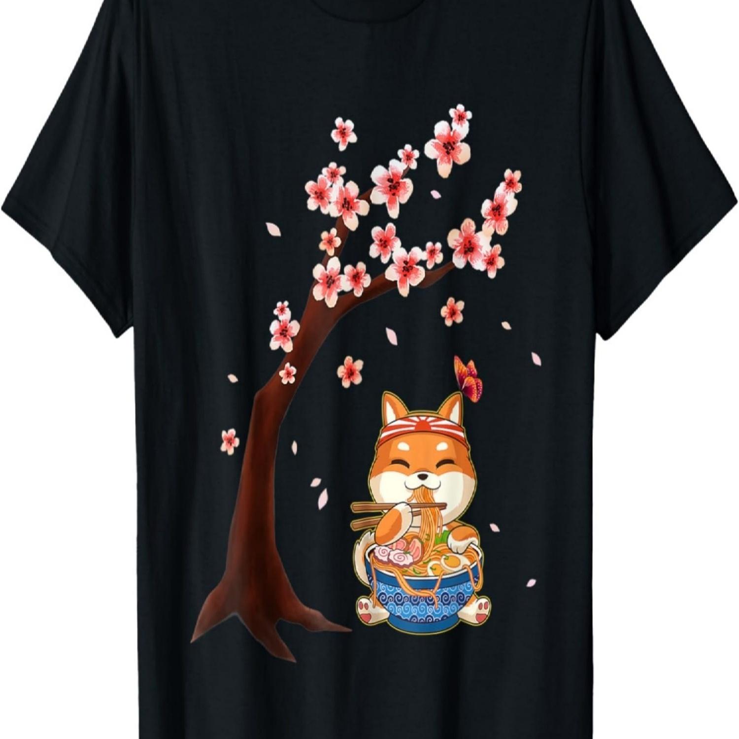 Kawaii Ramen Cute Anime Shiba Inu  Cherry Blossom T-Shirt S чёрный