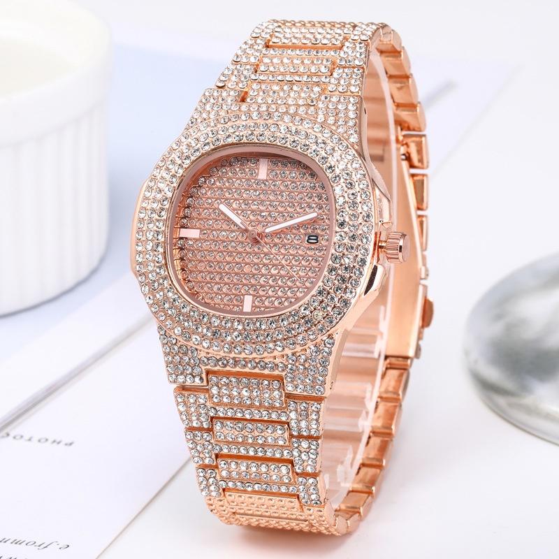 Luxury Full Diamond Men's Stainless Steel Watches Male Sports Quartz Wristwatch with Calendar
