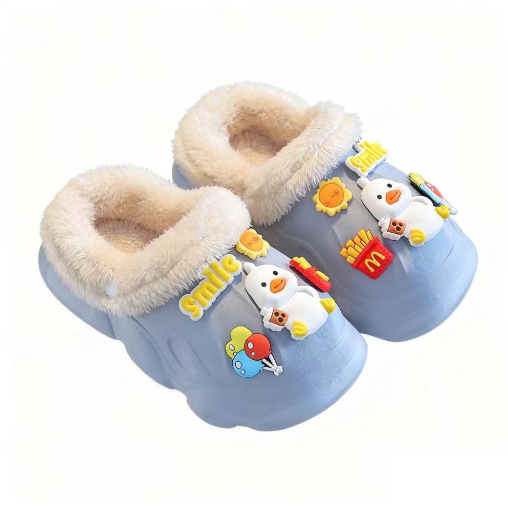 Kids' Waterproof Non-Slip Cotton Slippers, Plush Lined for Warmth, Removable Fur Lining, Perfect for Autumn/Winter Home Use.