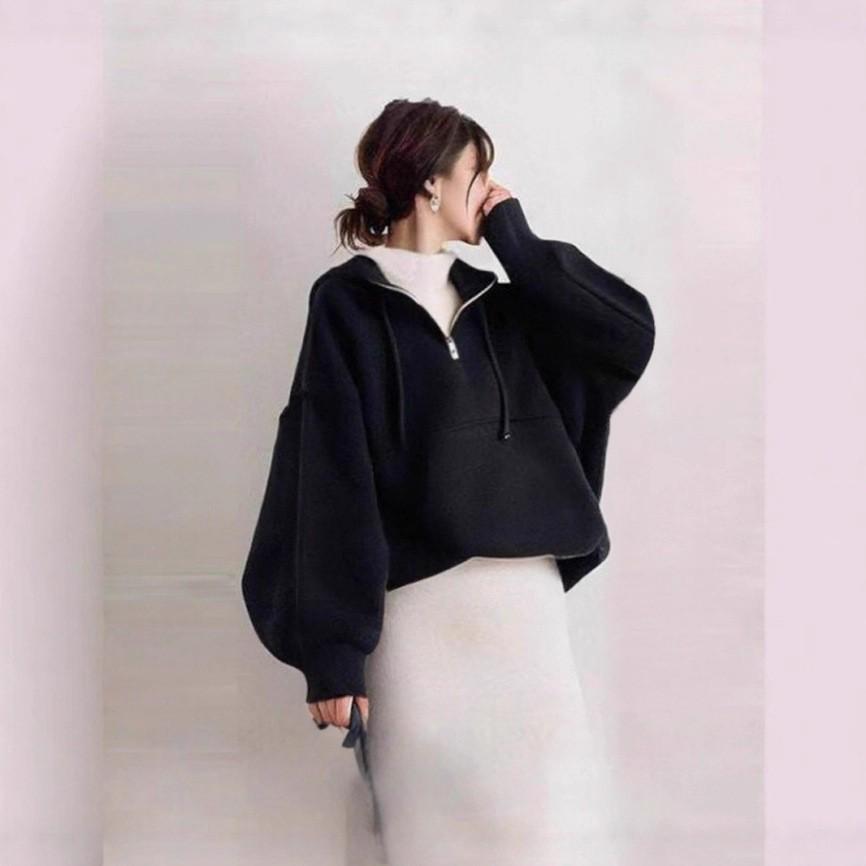 Two-Piece Japanese-Korean Style Hoodie Set: Zippered Long-Sleeve Top + Straight-Leg Half Skirt for Women