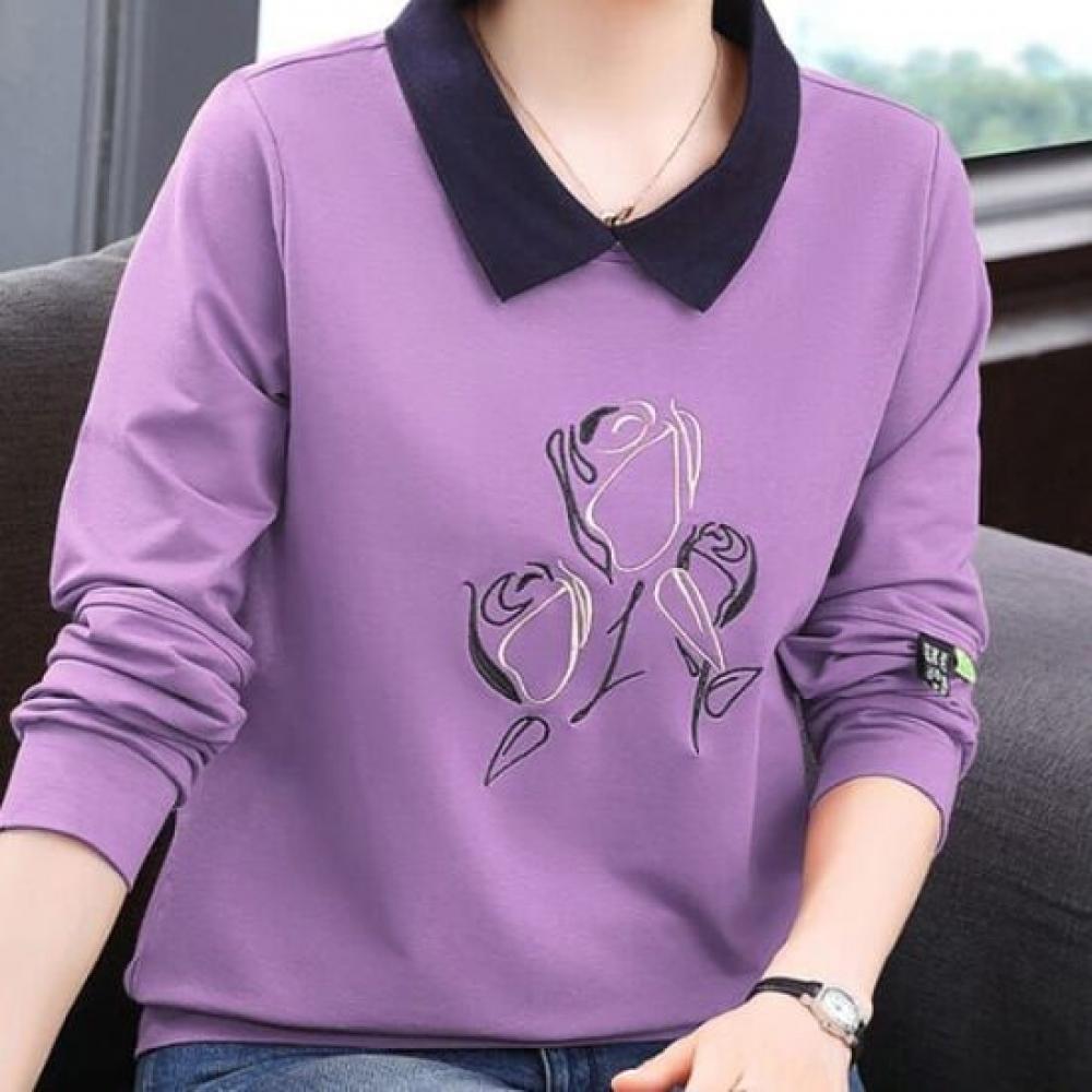 Navava Long Sleeve T shirT wiTh Rose Embroidery And poinT Color Collar nT2227