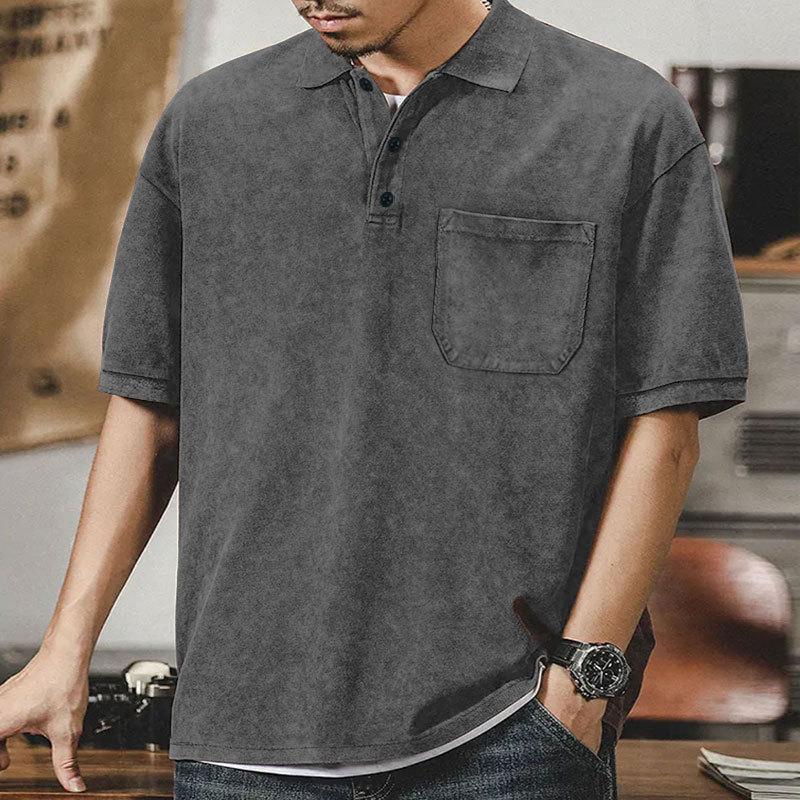 

New Men s POLO Shirt American Retro Heavyweight T-shirt Summer Casual Versatile Lapel Solid Colour Short-sleeved Tops S