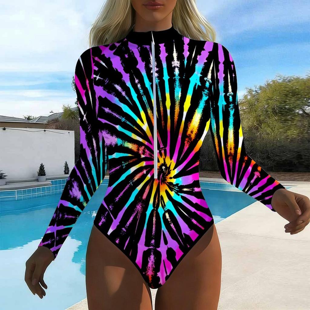 Women Long Sleeve One Piece Swimsuit Zip Front Spiral Tie Dye Print Rash Guard Surfing Bathing Suit