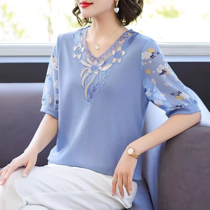 Mom's Summer Short Sleeved T-shirt Middle-aged Women's Ice Silk Top Middle-aged and Elderly Knitted Sweater