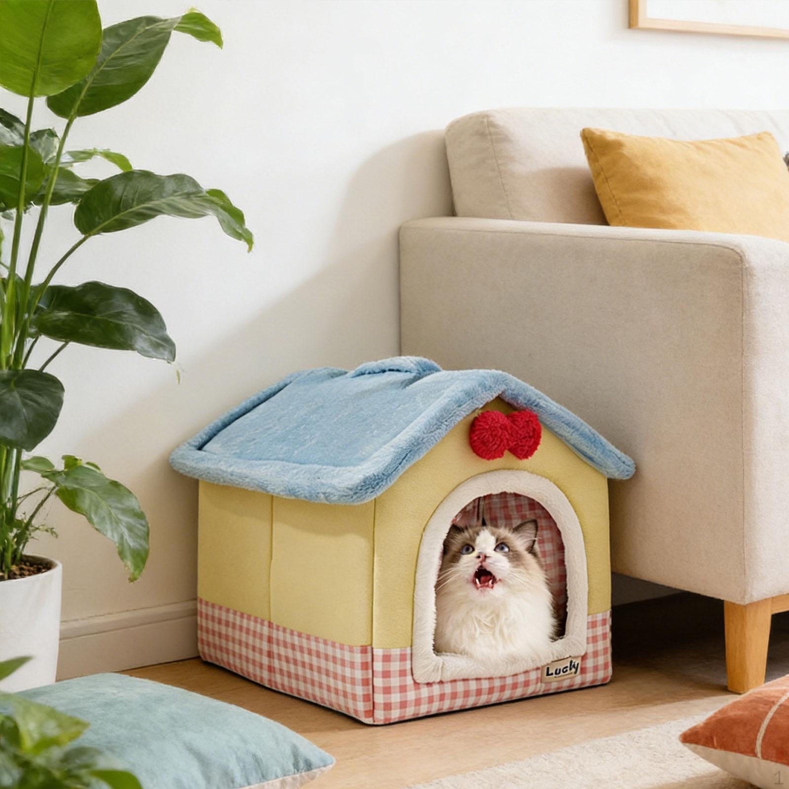 

Cat Bed with Removable Washable Cushioned Pillow House Semi Enclosed Pet for Puppy Dog L