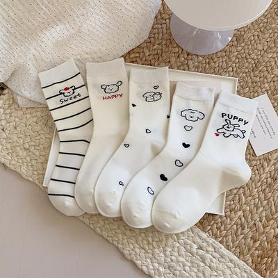 Female Autumn New Cartoon Cute Puppy Striped Boneless White Tube Stack Socks