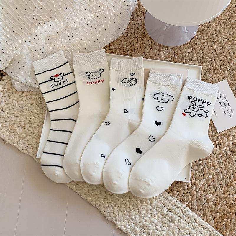 Female Autumn New Cartoon Cute Puppy Striped Boneless White Tube Stack Socks
