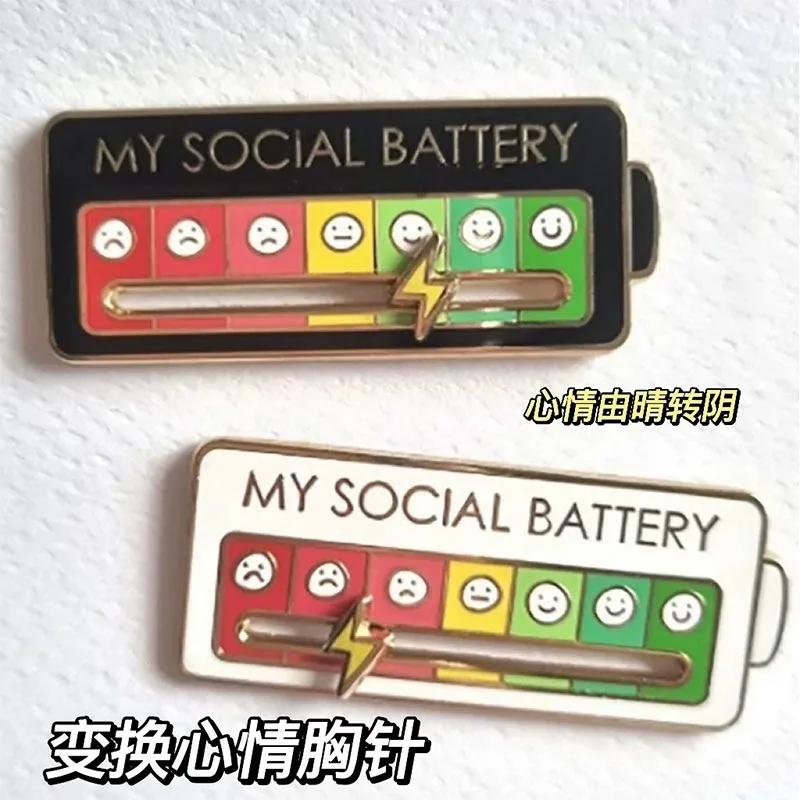 2024 New Mood Conversion Energy Brooch Slide My Social Battery Badge Facial Expression Badge Men Women Pins Brooches on Clothes