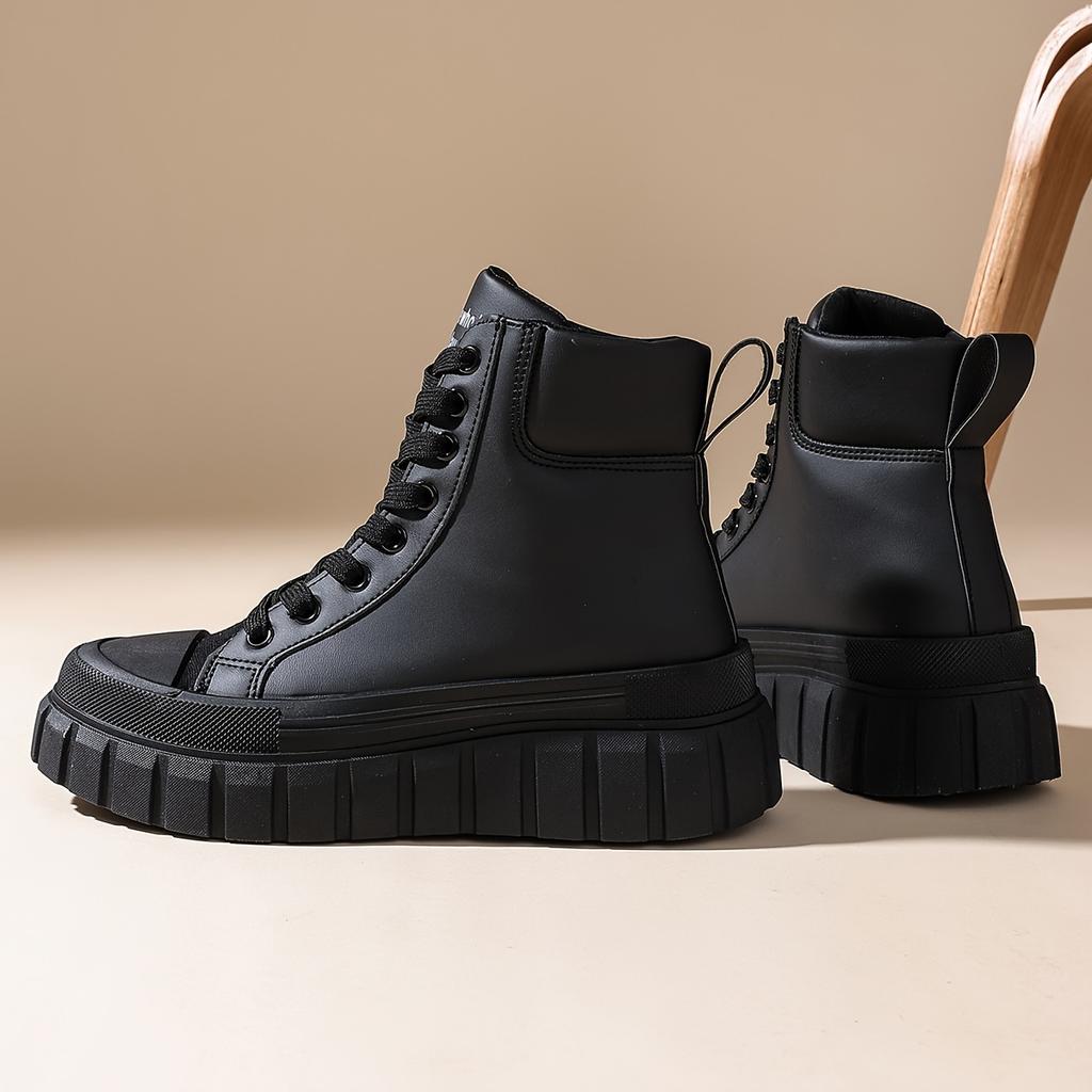 Four Seasons Outdoor Women's Comfortable Thick Sole Heightening Casual Shoes Daily Laced Black Simple High Top Sports Women's Shoes