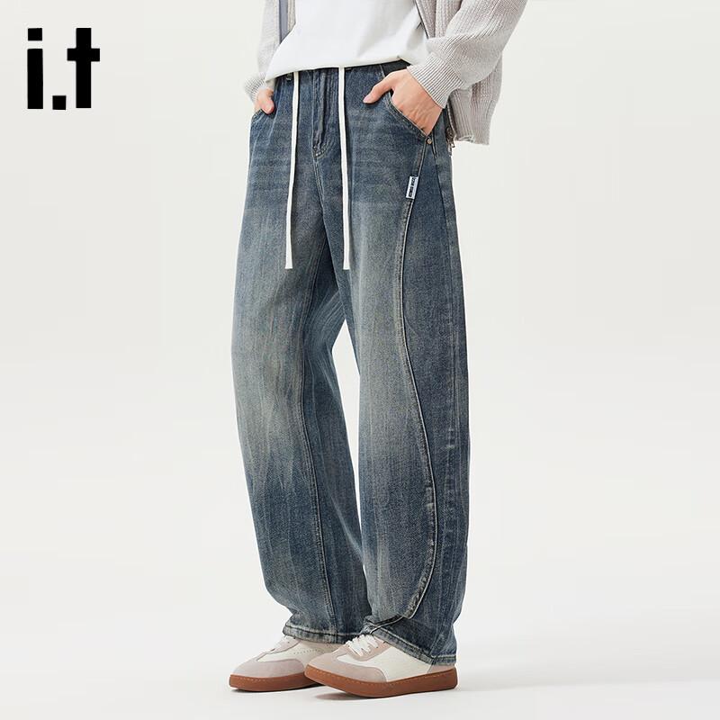 Izzue Men's American High Street Loose Straight Denim Jeans