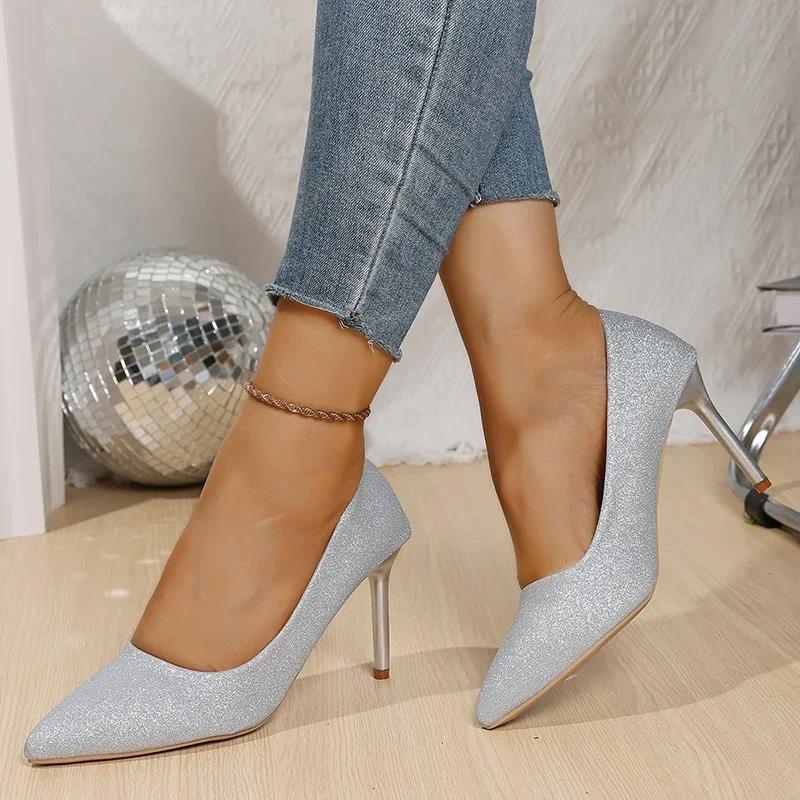 Elegante Glänzende Silberne Super High Heel Pumps Damen Übergröße Spitzschuh Bankett Kleidschuhe Herbst Stiletto Absatzpumps Frau