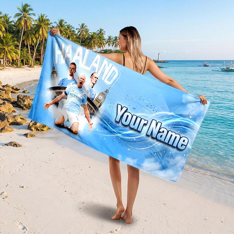 Erling Haaland Benutzerdefiniertes Strandtuch, Personalisierter Namens-Textdruck, Fußball-Logo Weiches Schnelltrocknendes Handtuch Urlaubsgeschenk