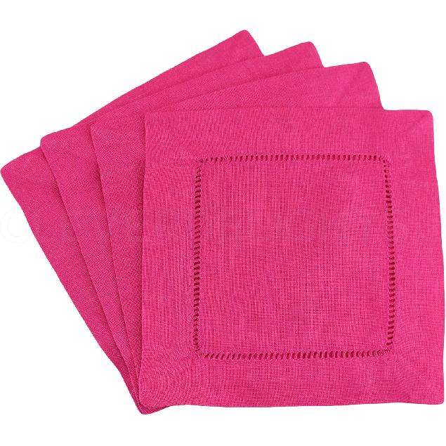CleverDelights 6 Pink Linen Hemstitch Cocktail Napk - 12 Pack - 100% Linen