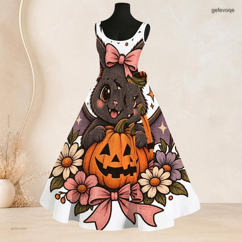 Women Plus Size White Round Neck Sleeveless Halloween Panda Ghost Printed Tie Waist A Line Dress