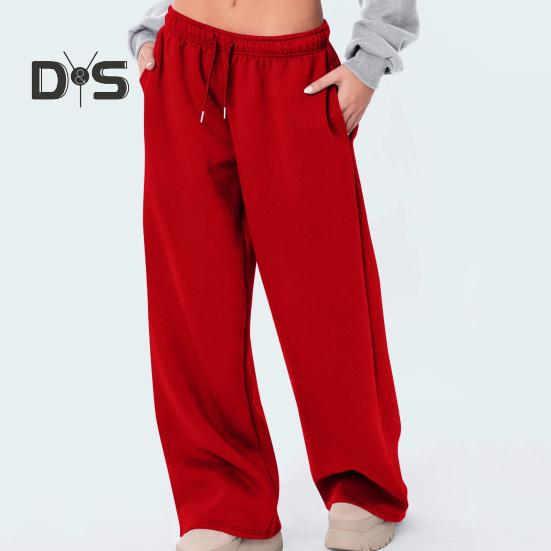 Women Sport Pants Mid-rise Elastic Waist Adjustable Drawstring Long Trousers Solid Color Wide Leg Autumn Winter Velvet Lining Trousers